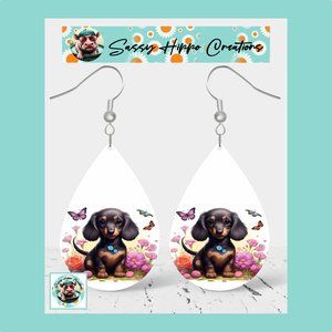 Earrings Cute Dachshund Puppy Dog Butterflies Flowers Hand Sublimated Printed